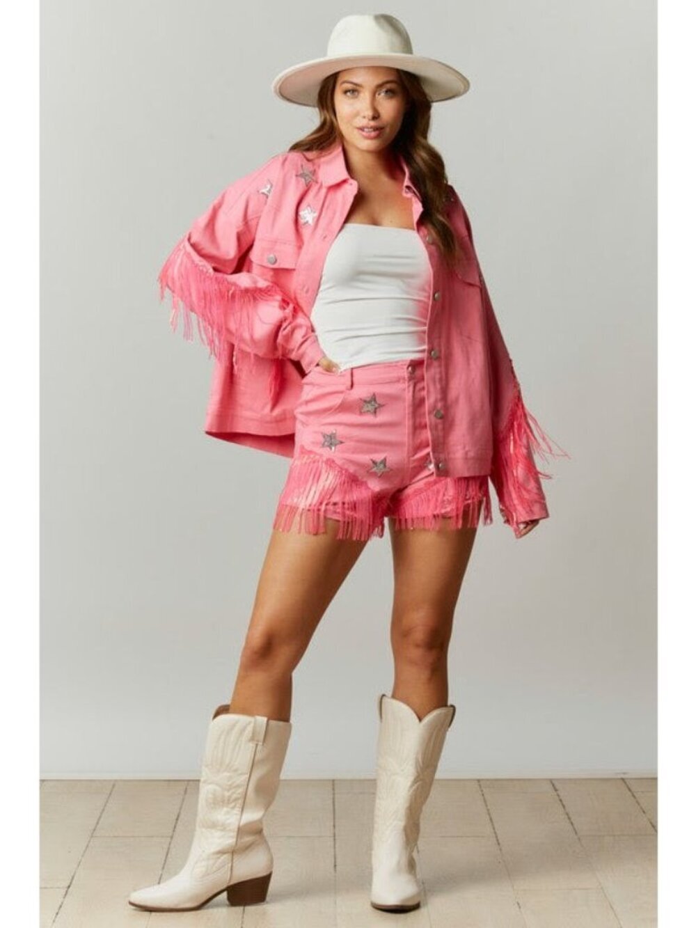Western Diva Star Sequin Patch Fringe Jacket in Pink - Picture 5 of 9